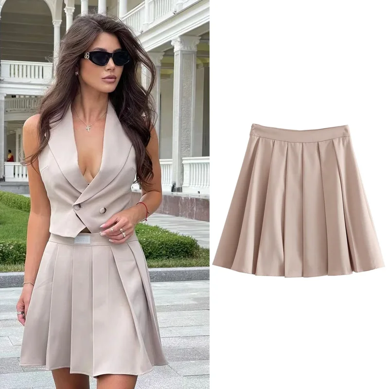 

SLTNX Women's Fashion Pleated Mini Skirt 2023 Summer Skirts for Women Casual A-Line Loose Ladies Khaki Short Skirts New In