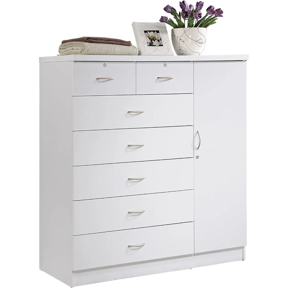 

7 Drawer Jumbo Chest, Five Large Drawers, Two Smaller Drawers with Two Lock, Hanging Rod, and Three Shelves