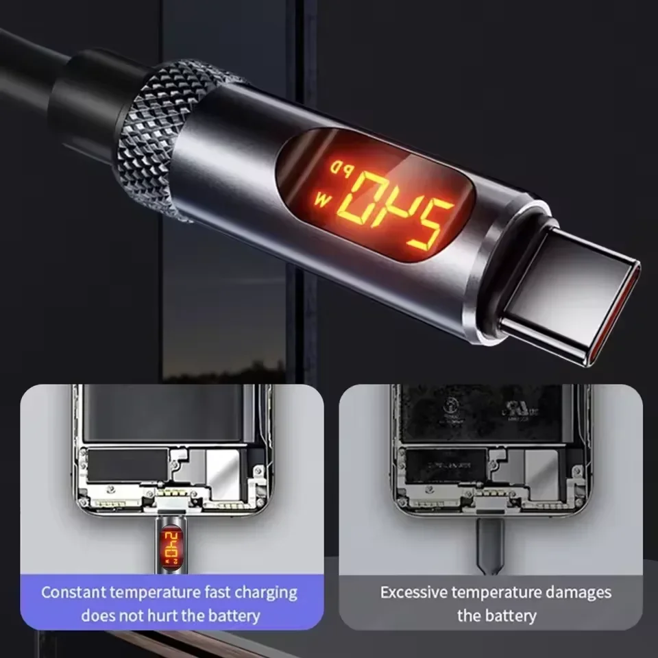 240W 타입C-타입C 고속 충전 케이블 (LED 디스플레이 포함) 듀얼 타입C USB-C 충전 데이터 케이블 (아이폰 15, 16, 삼성용)