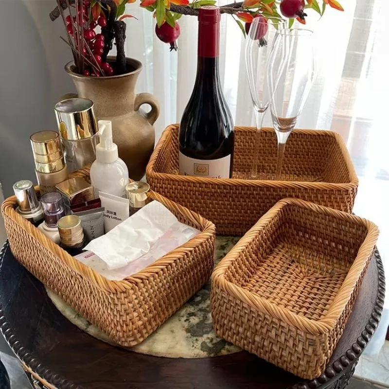 Natural Rattan Storage Baskets, Rectangular Woven Fruit Baskets, Wicker Decoration and Organizer for Bathroom, Living Room 3