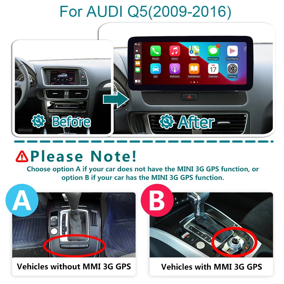 Pantalla de 12.5'' con resolución de 1920*720P, CarPlay, Android Auto, estéreo, GPS, autoradio para Audi Q5 2009-2016, radio de coche 2 DIN, reproductor multimedia, 4G LTE 2