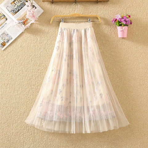 Skirts Woman Skirts 2021 Shopping  style Fashion Elastic Waist Embroidery Floral Mesh Skirt Long Gauze Ball Gown Beige Girl Student white pleated skirt