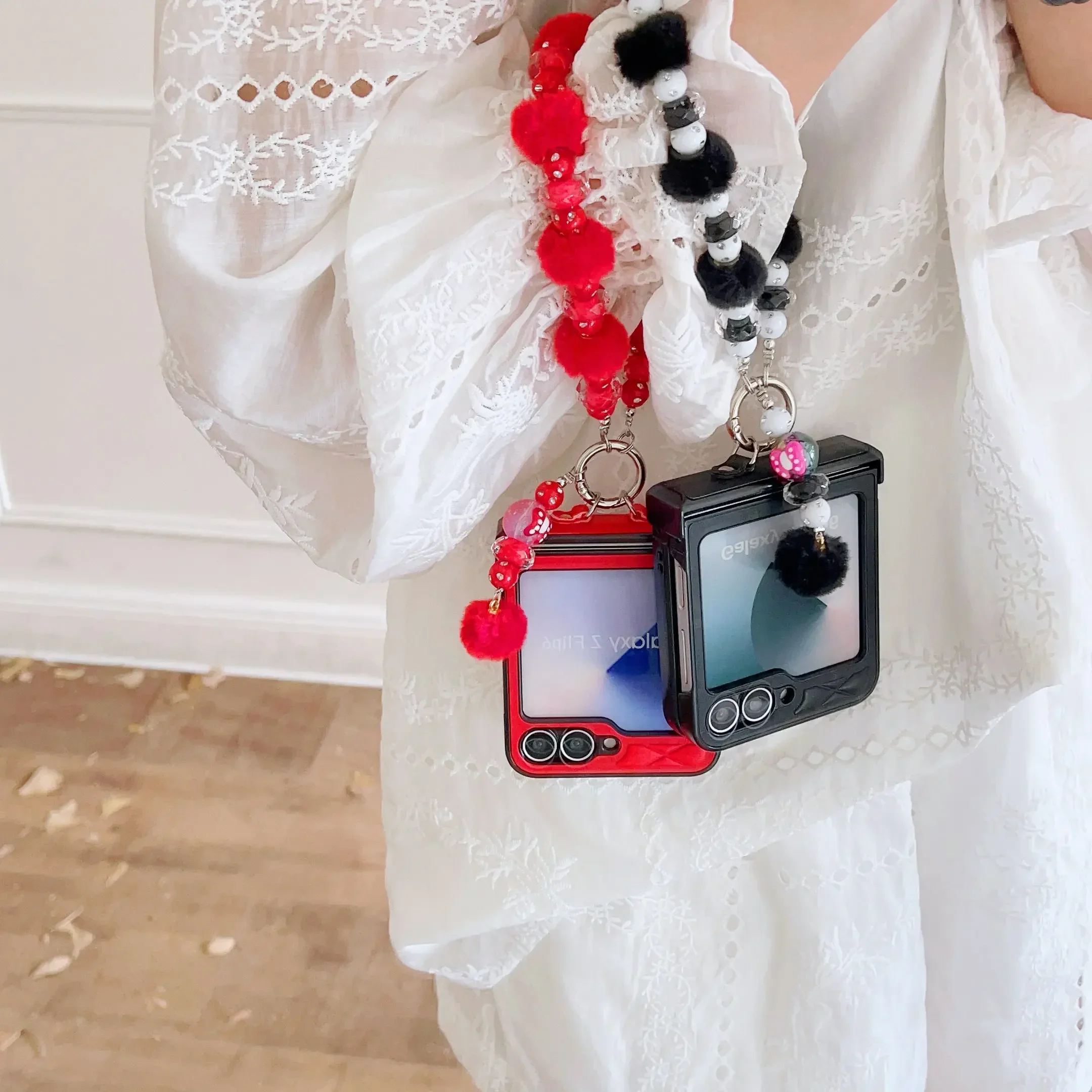 Cute Bobbles Glitter Bead PU Leather Wrist Strap Phone Case with Hinge Protection and Shockproof Cover