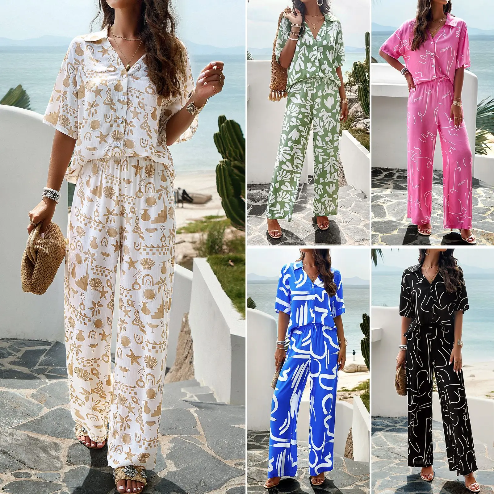 Summer Casual Pants Suits for Women Pink Shirt Set Buttoned Tops Vacation Loose Women Suit Fashion Casual Female Clothing