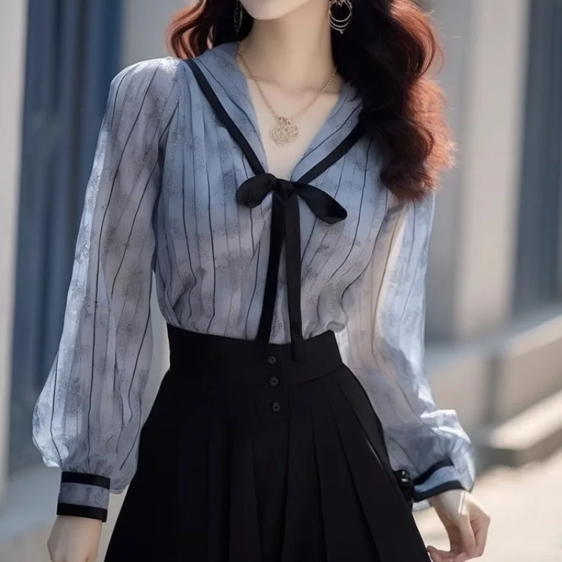 Fashion Prairie Chic Summer Blouses Women's Patchwork Turn-down Collar Drawstring Bow Striped Printed Loose Long Sleeve Shirts