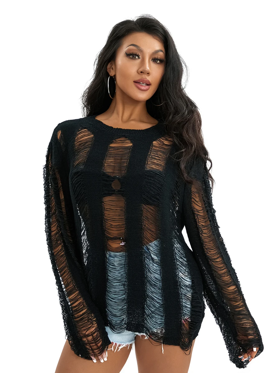 

Women s Sexy Hollow Out Crochet Crop Tops Long Sleeve Rip See Through Pullover Knitwear Tops