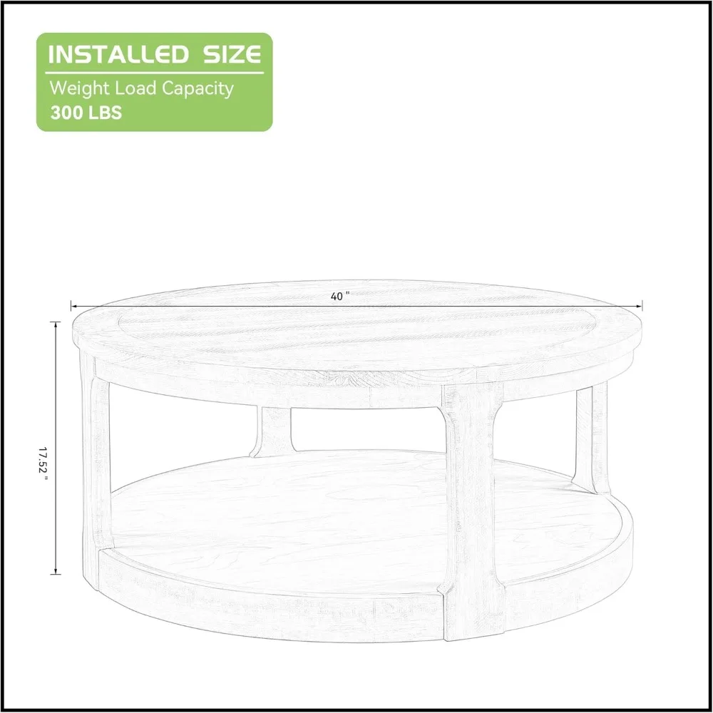 40" Round Coffee Table for Living Room, 2 Tier Traditional Round Circle Wooden Center Coffee Table, Café Tables 3