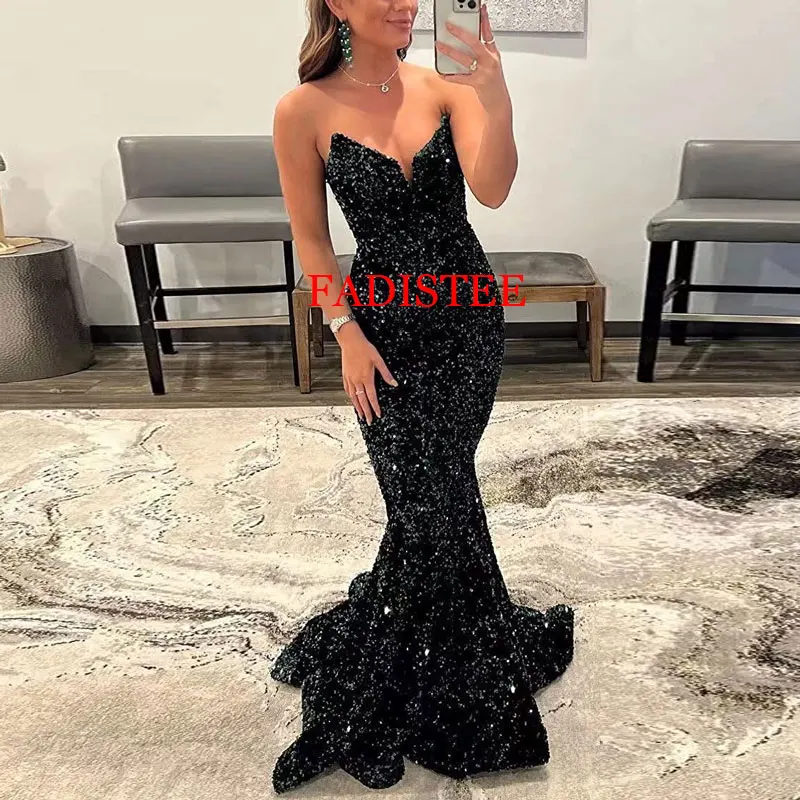 Women's Sequins Prom Dresses Formal Sexy Long Prom Party Dress Mermaid Shiny V-Neck Homecoming Dress Robe De Soir&eacute;e