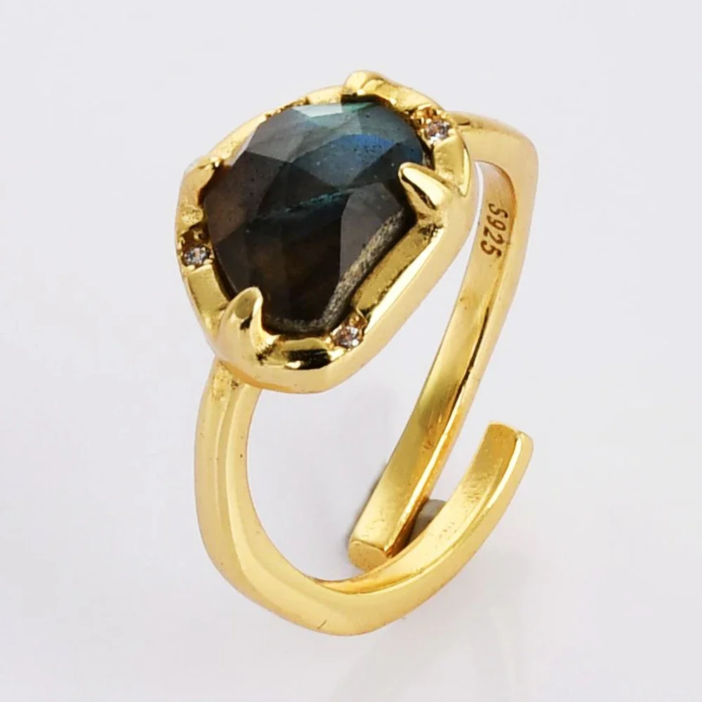 BOROSA 5Pcs Natural Glitter Stone Open Ring Golden Color Labradorite Adjustable Finger Ring For Women Energy Jewelry Accessories 2