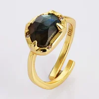 BOROSA 5Pcs Natural Glitter Stone Open Ring Golden Color Labradorite Adjustable Finger Ring For Women Energy Jewelry Accessories 2