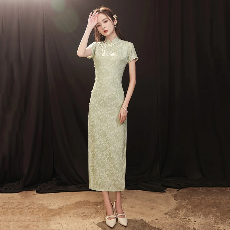 Dammosi 2024 새로운 청소년 녹색 여성을위한 향상된 우아한 하이 엔드 에어 드레스 여름 Cheongsam 드레스 유행 긴 드레스