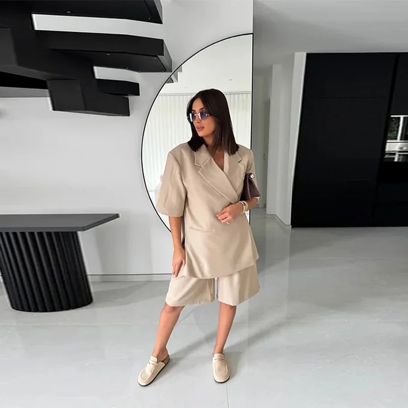 Casual One Button Slit Suit Women Loose Solid Lapel Short Sleeve Pockets Jackets  Summer Lady All-match Commute Outwear New