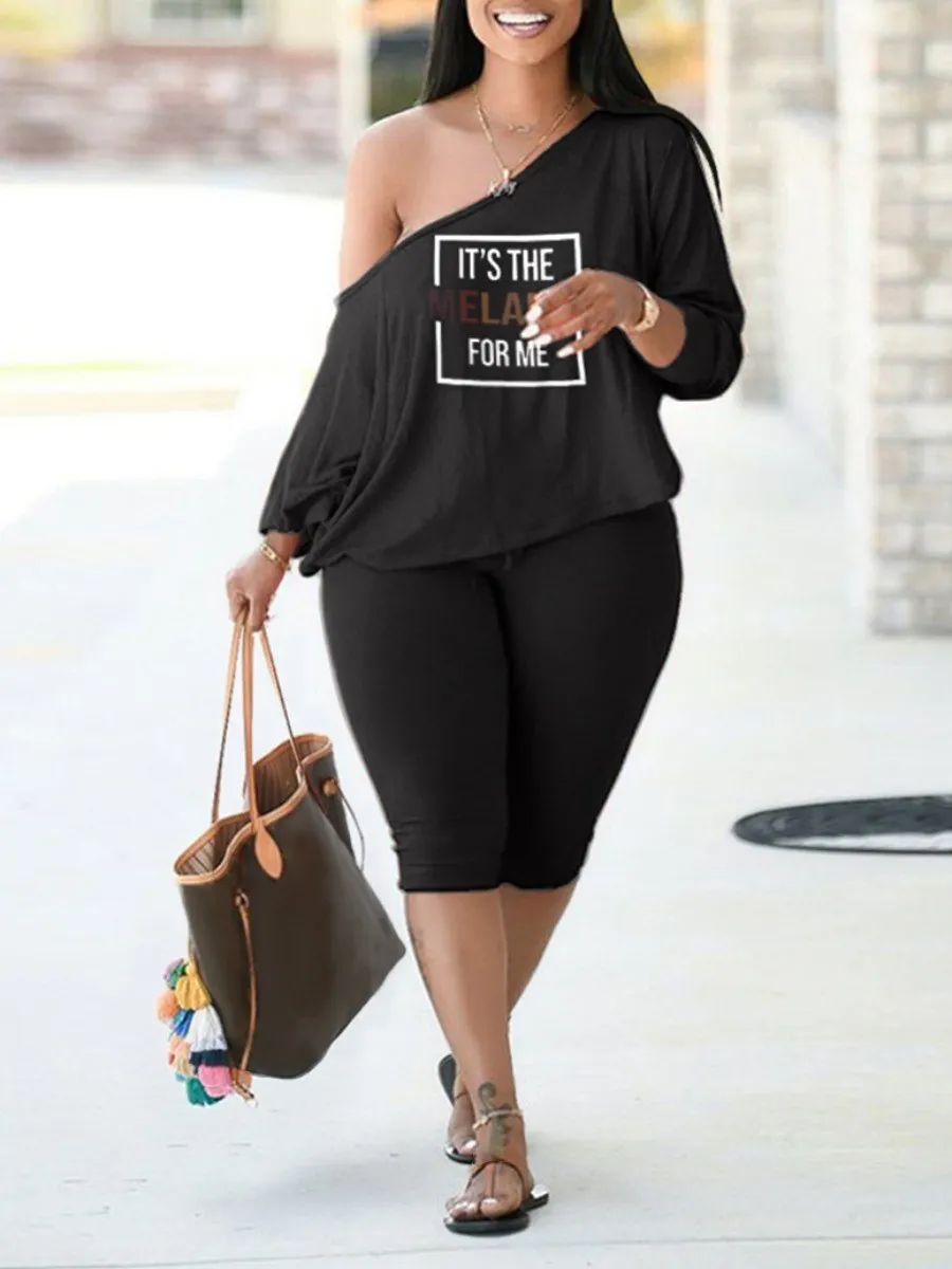 LW Plus Size Letter Print Drawstring Pants Set Polyester Casual Women 2 Pieces Batwing Sleeve Tops and Shorts Matching Outfit