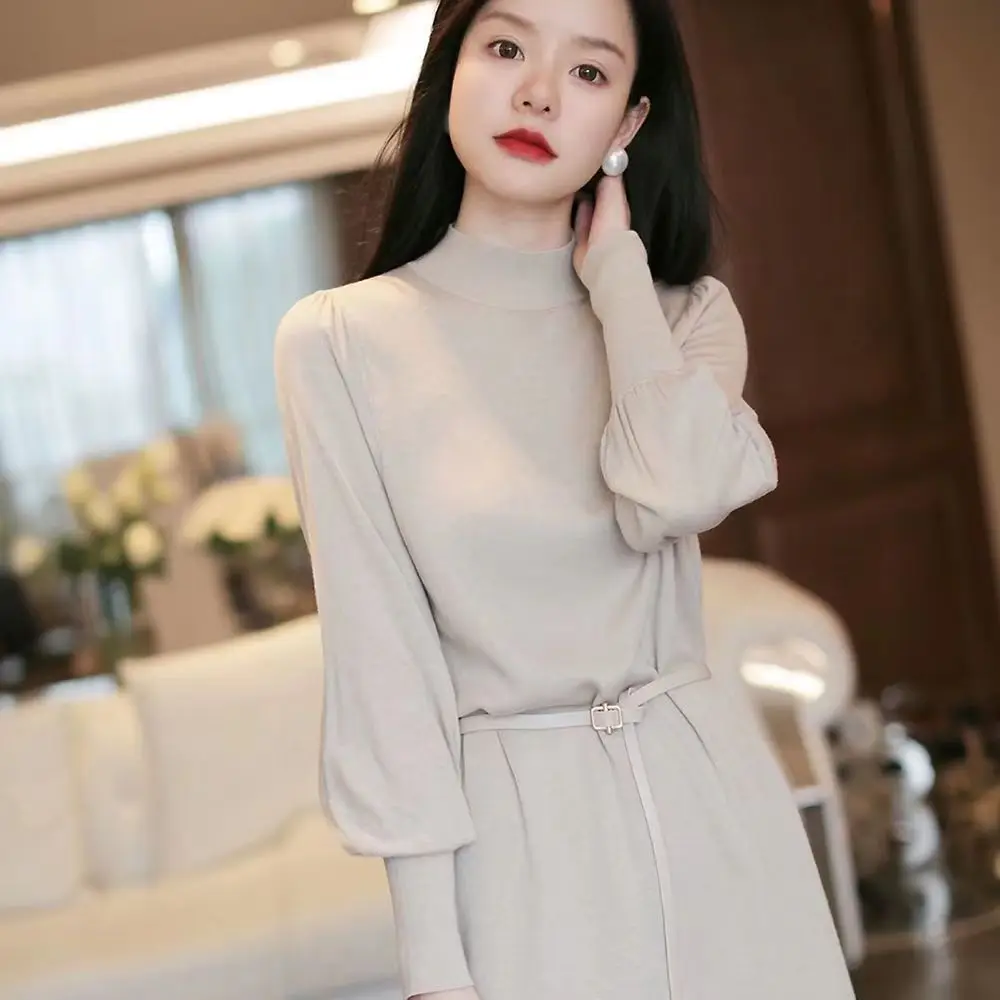 

Half High Neckline Slim Fitting Waistband Women's Knitted Dress Elegant Autumn/winter Long Sleeved Mid Length Bottom Skirt B823