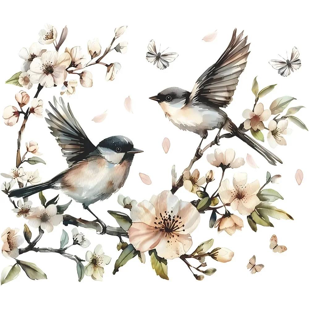 Window Stickers Watercolor Flower Twig Bird Glass Window Home Landscaping Decoration Electrostatic Uv Window Sticker Mirror Sticker 1PCS