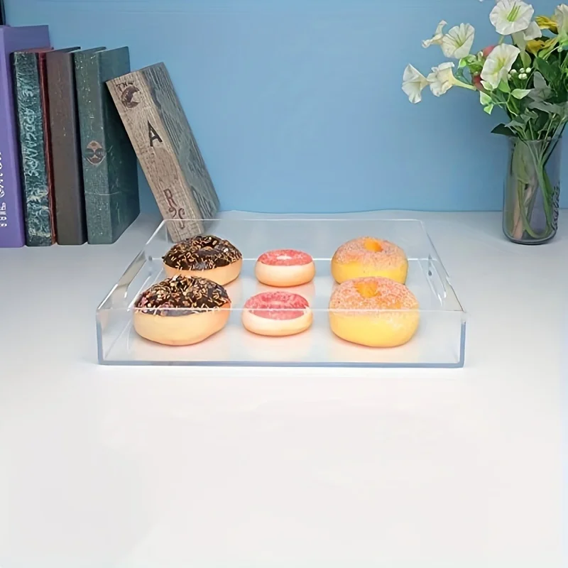 Acrylic transparent tray with handle -13.7 x 11 inches, storage tray for cosmetics and toiletries,kitchen fruit,snacks,and meals 5