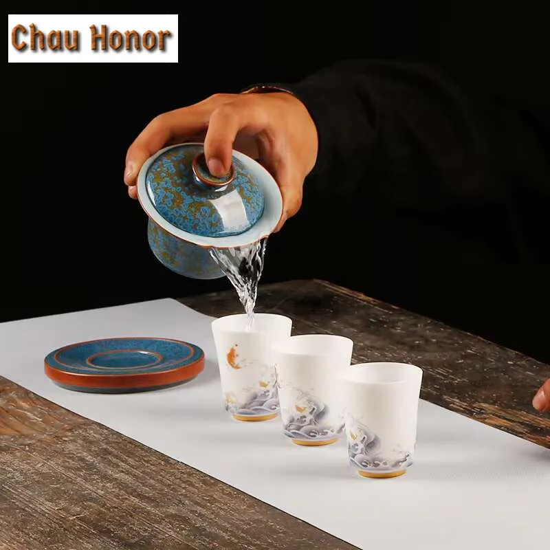 160ml Emerald Blue Jade Kiln Change Gaiwan Boutique Tea Tureen Household Tea Making Cover Bowl Teaset Accessories Decoration