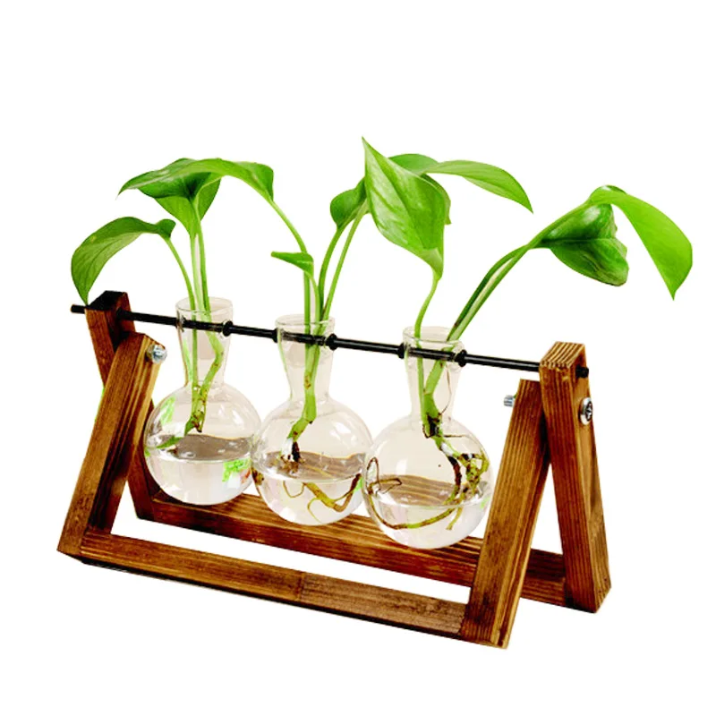 Flower Vase Terrarium Creative Hydroponic Plant Transparent Vase Wooden Frame Glass Tabletop Plant Bonsai Decor