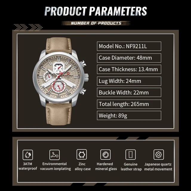 NAVIFORCE-Reloj de pulsera deportivo para hombre, cronógrafo de cuarzo, de cuero genuino, estilo militar, resistente al agua 4