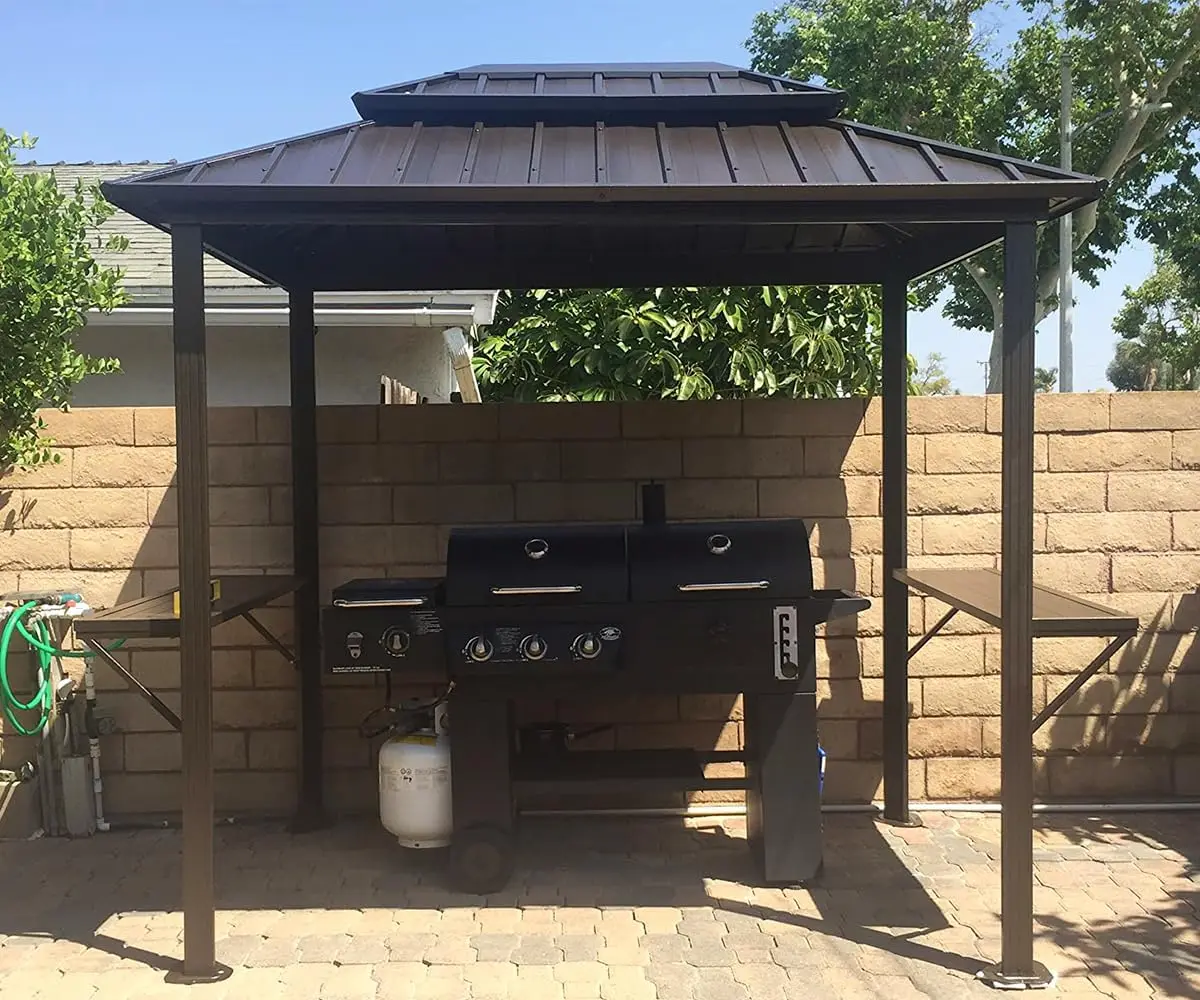 6' X 8' Hardtop Grill Gazebo for Patio Permanent Metal Roof with 2 Side Shelves Deck Yard Tent Aluminum Garden Outside Sun Shade