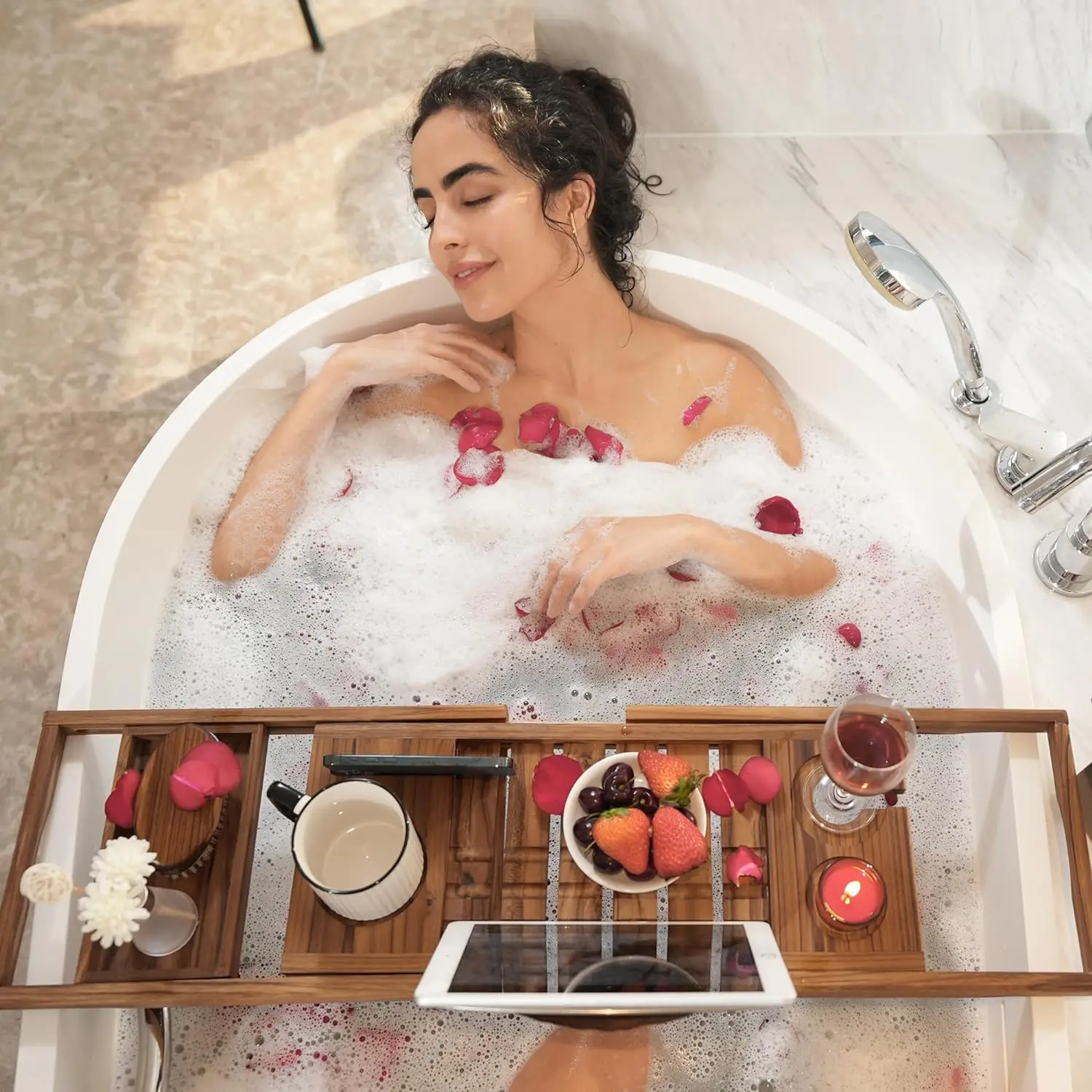 Teak Bathtub Tray, Expandable Wooden Bath Tray for Tub with Wine and Book Holder, Solid Bathroom Caddy with Free Teak