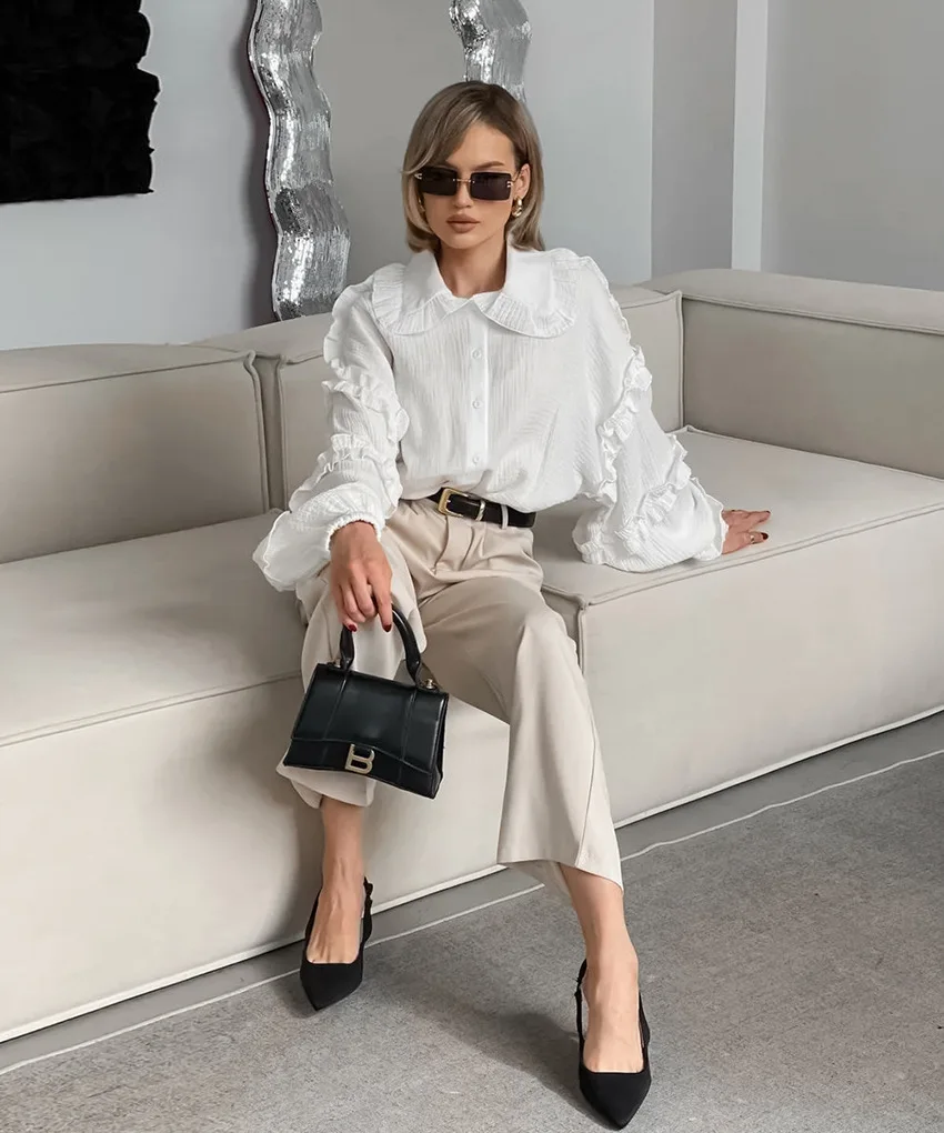 Camisas blancas holgadas con volantes para mujer, manga larga, elegantes, a la moda, otoño, lisas, informales, prendas de vestir exteriores, camisas para mujer, abrigos, novedad de verano