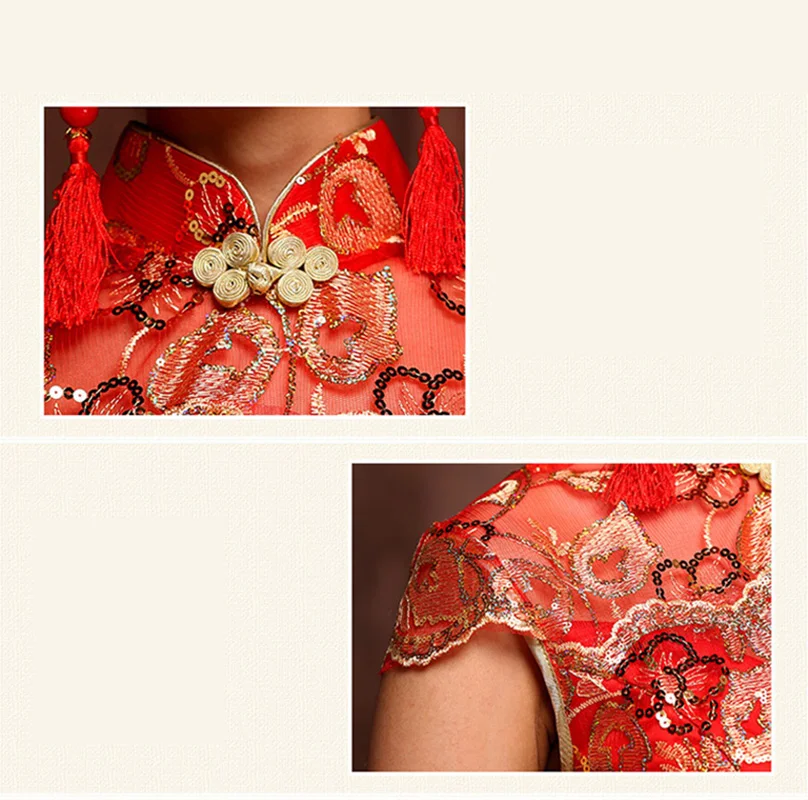 New Women Red Wedding Cheongsam Fishtail Dress Qipao Gold Embroidery Chinese Style Long Evening Dresses Party Costume
