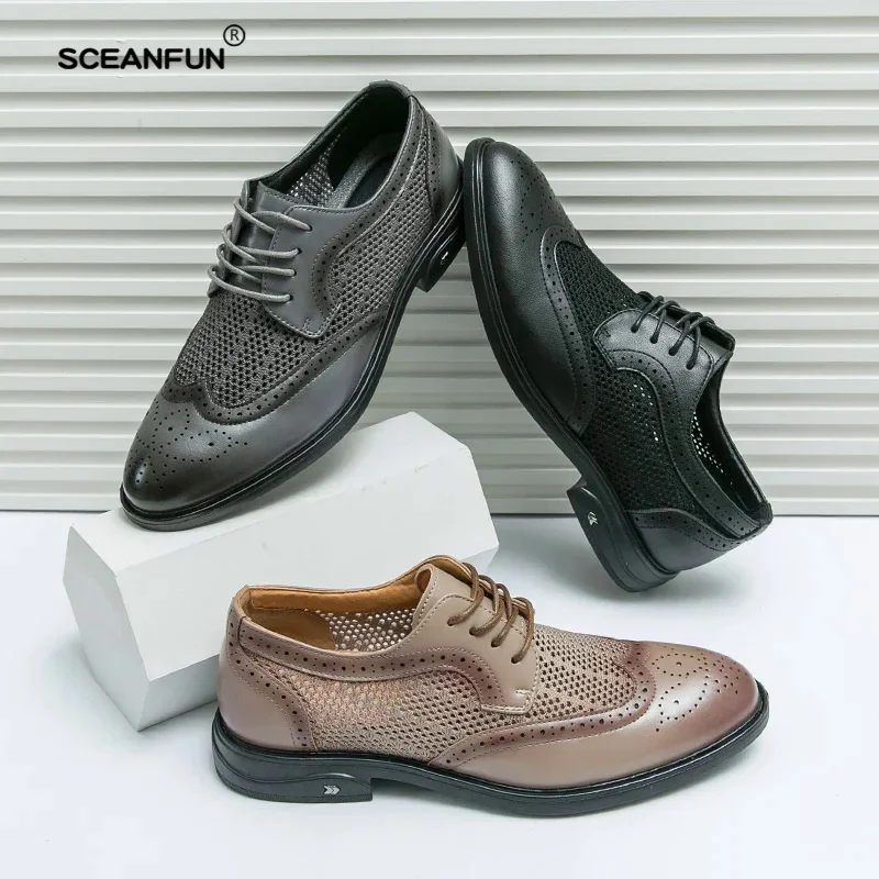 Summer Men Wedding Dress Shoes Pointed Mesh Breathable Casual Leather Shoes Lace Up Business Block Sizes 38-46 Men
