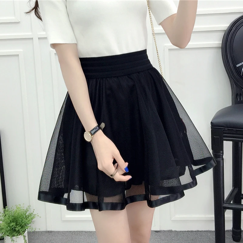 2021 New Spring Summer and Autumn Mesh Short Skirt Elastic Waist Versatile Pengpeng Skirt A-line High Waist Lace Lady Girl Black leather skirt Skirts