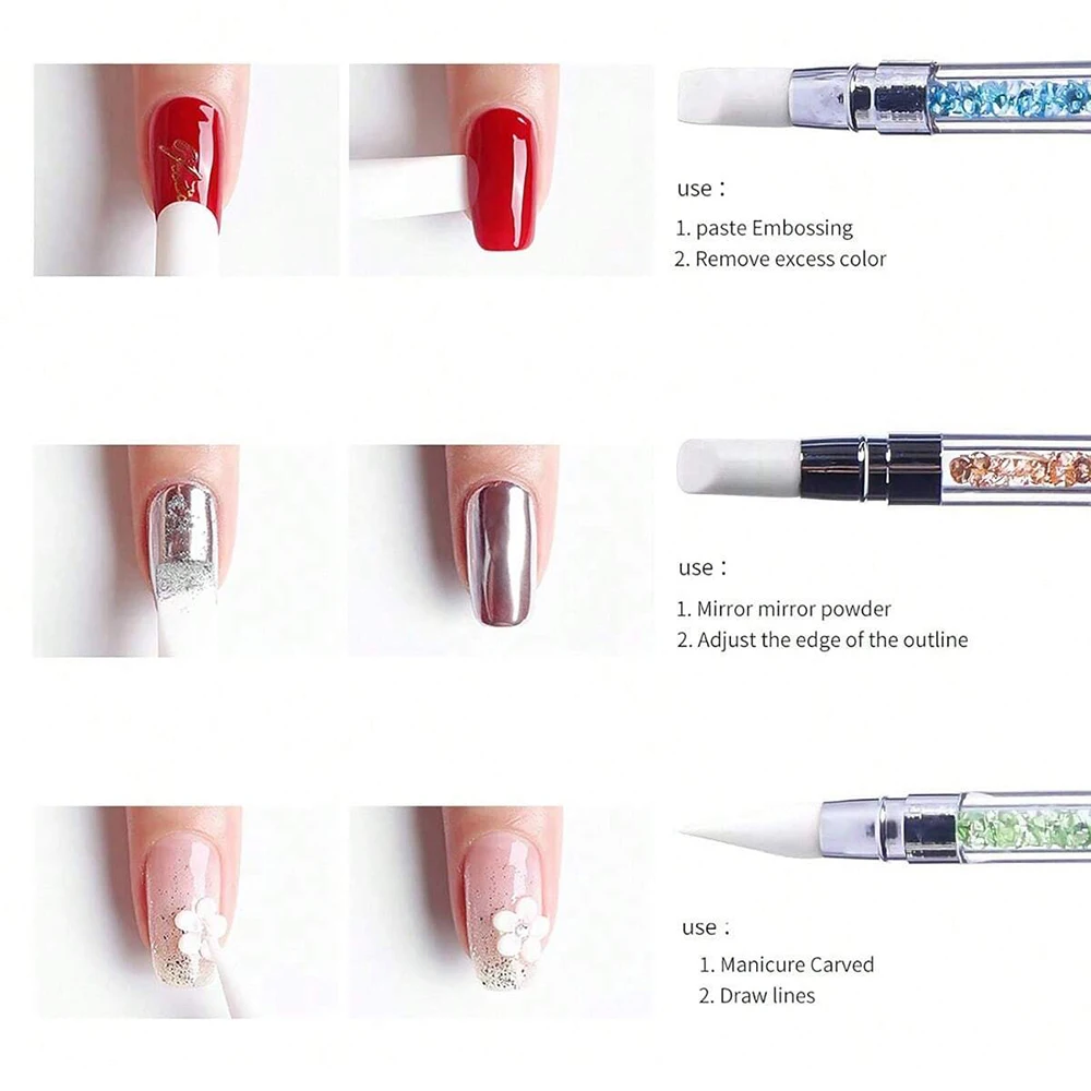 5pcs Set Dual-Ended Silicone Head Carving Dotting Pen Nail Art Silicone Sculpture Pen Brushes Rhinestone Crystal Handle Tool 5