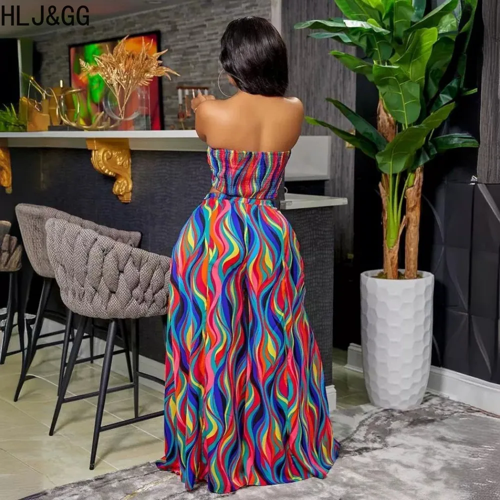 HLJ&GG Summer Colored Stripes Print Wide Leg Pants Two Piece Sets Women Bandage Backless Tube + Pants Outfits Fashion Streetwear