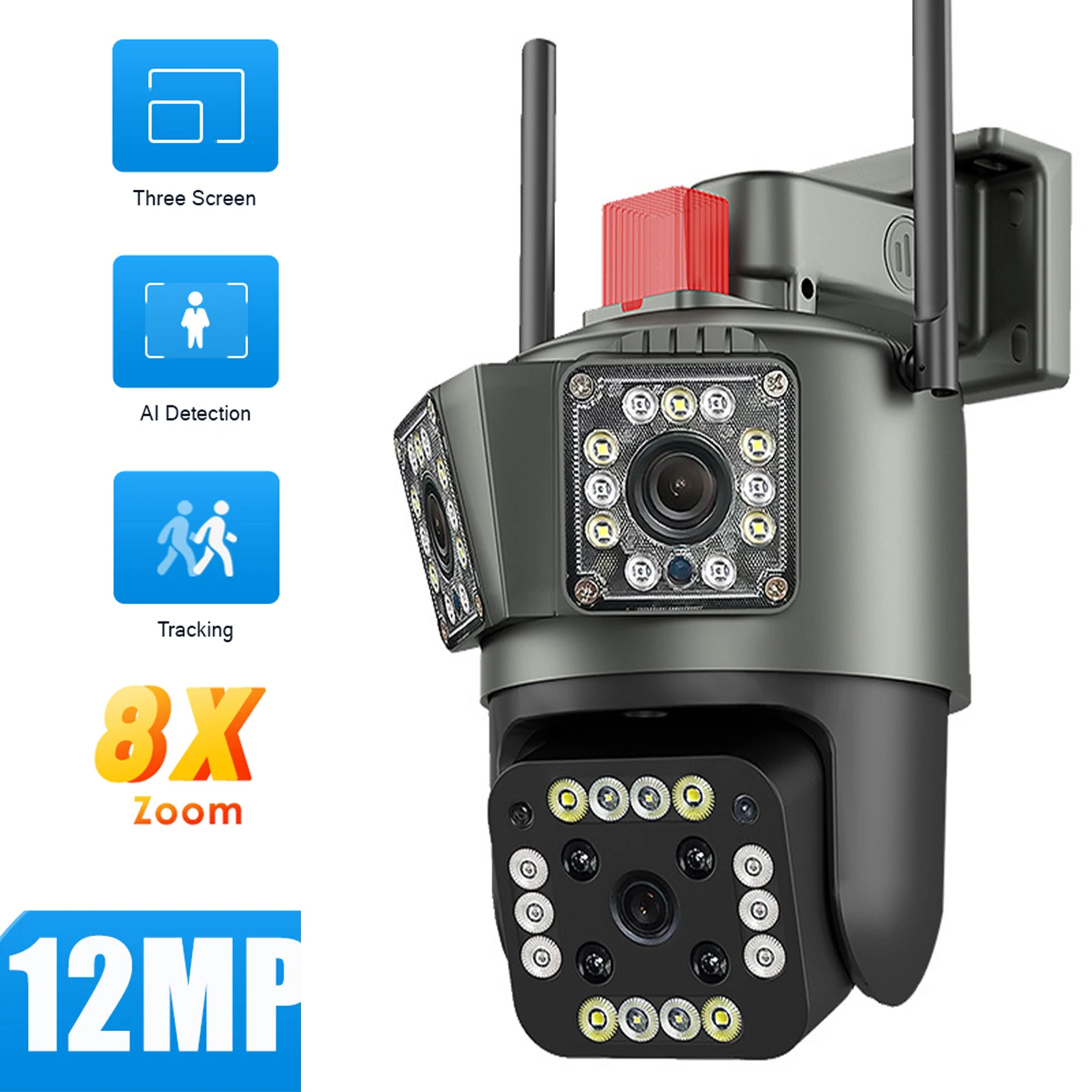 12MP HD 6K WIFI IP Outdoor Three Lens Screen Camera Auto Tracking Motion Detection PTZ Waterproof Security System Video Camera
