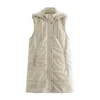 2025 Women's new hooded thickened warm imitation leather sleeveless zipper cotton suit vest PU vest cotton coat