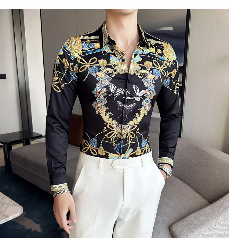 Description Picture 4 of itemLuxurious Printed Men Shirts Summer Long Sleeve Vintage Slim Fit Casual Shirts Social Party Streetwear Tuxedo Camisa Masculina