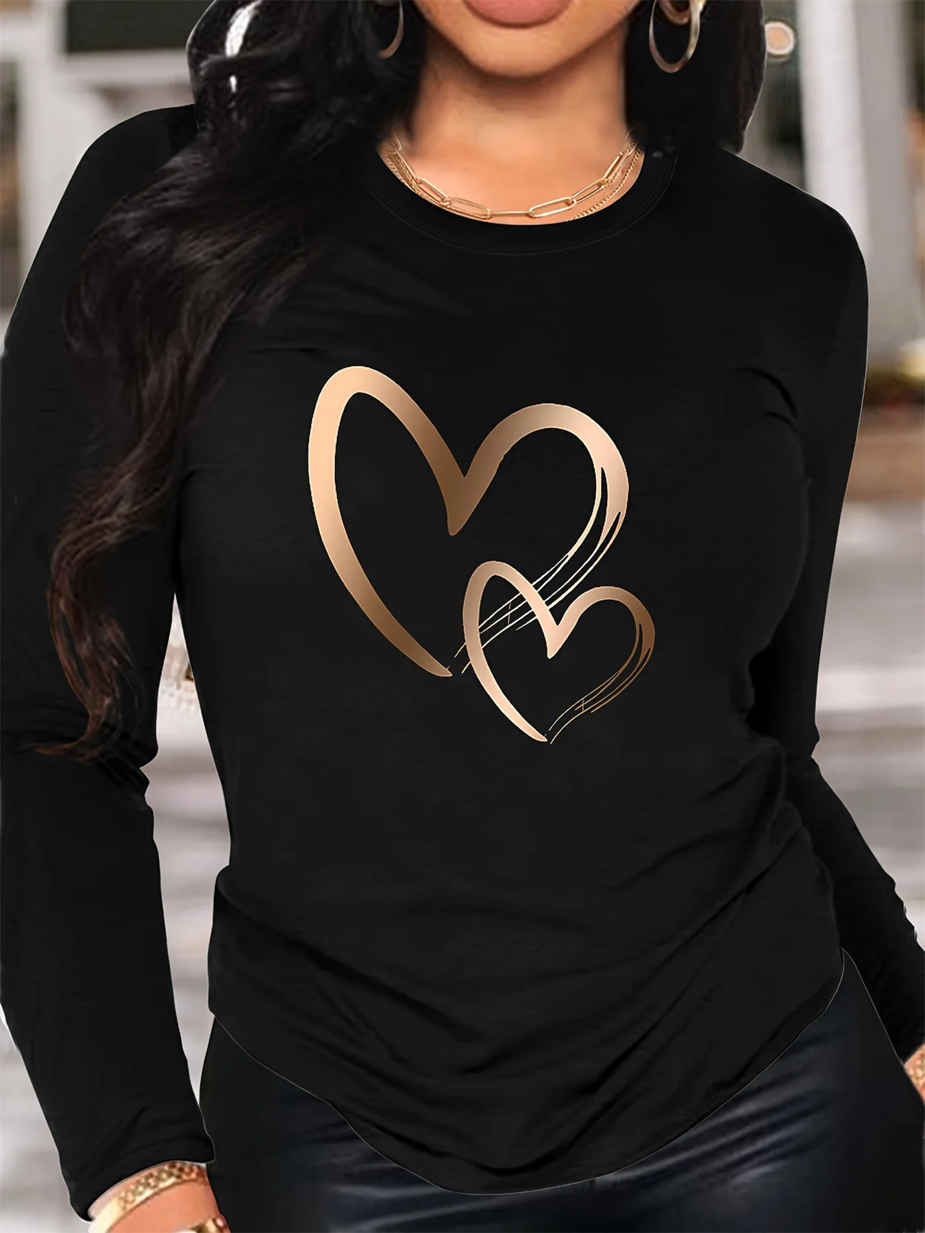 Spring and Autumn Women's 100% Cotton Fashion Casual Loose Heart Pattern Printed Long Sleeve Round Neck T-shirt 3