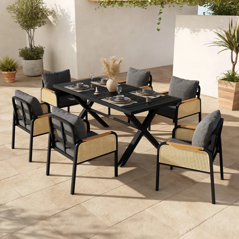 PINGGO Modernes Outdoor-Sofa-Set für mehrere Personen mit Schmiedeeisenrahmen, geflochtenen Armlehnen und Sitzkissen für den Freizeitbereich – Detail 7