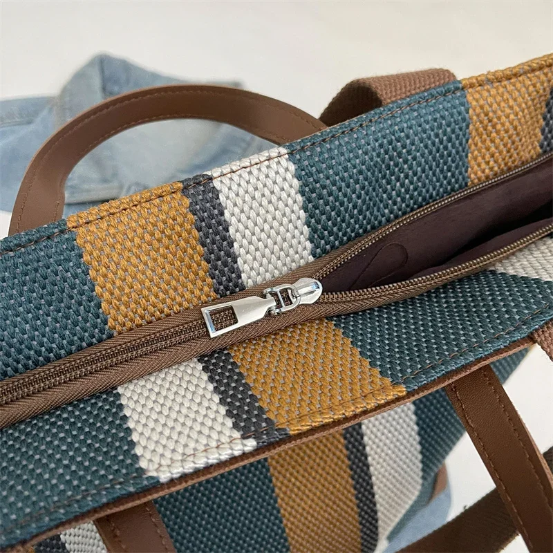 Striped Shoulder Bucket Bags For Women Canvas Fabric Large Capacity Shopping Totes Contrast Color Commute Shopper Handbags 2024 - 2