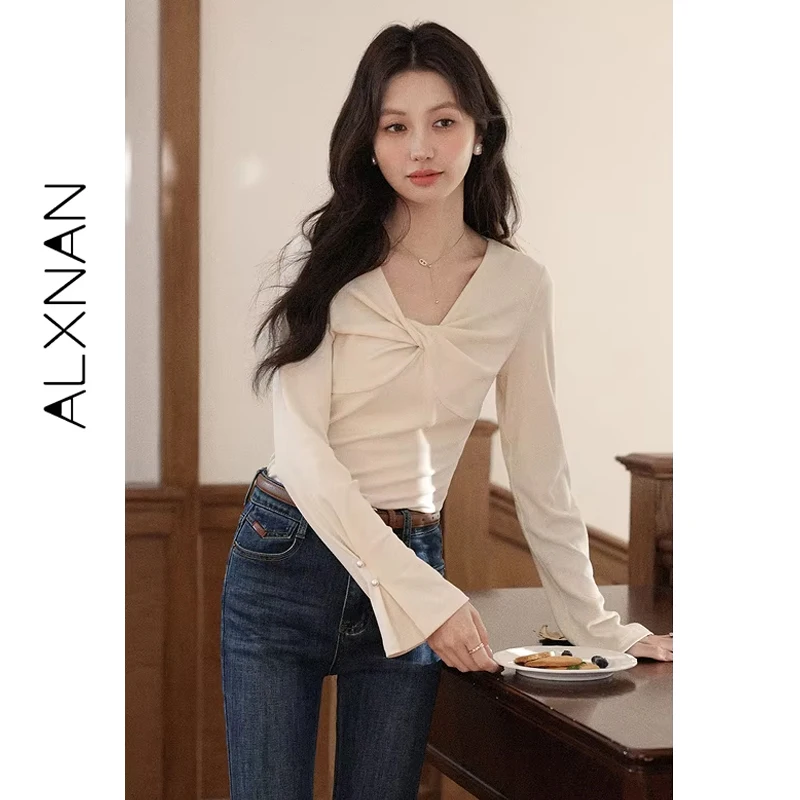 ALXNAN Beige Long Sleeve Sweater for Women Autumn New Twisted V-neck Pullovers 2026 Fall Casual Long Sleeve Top Female L56859-2