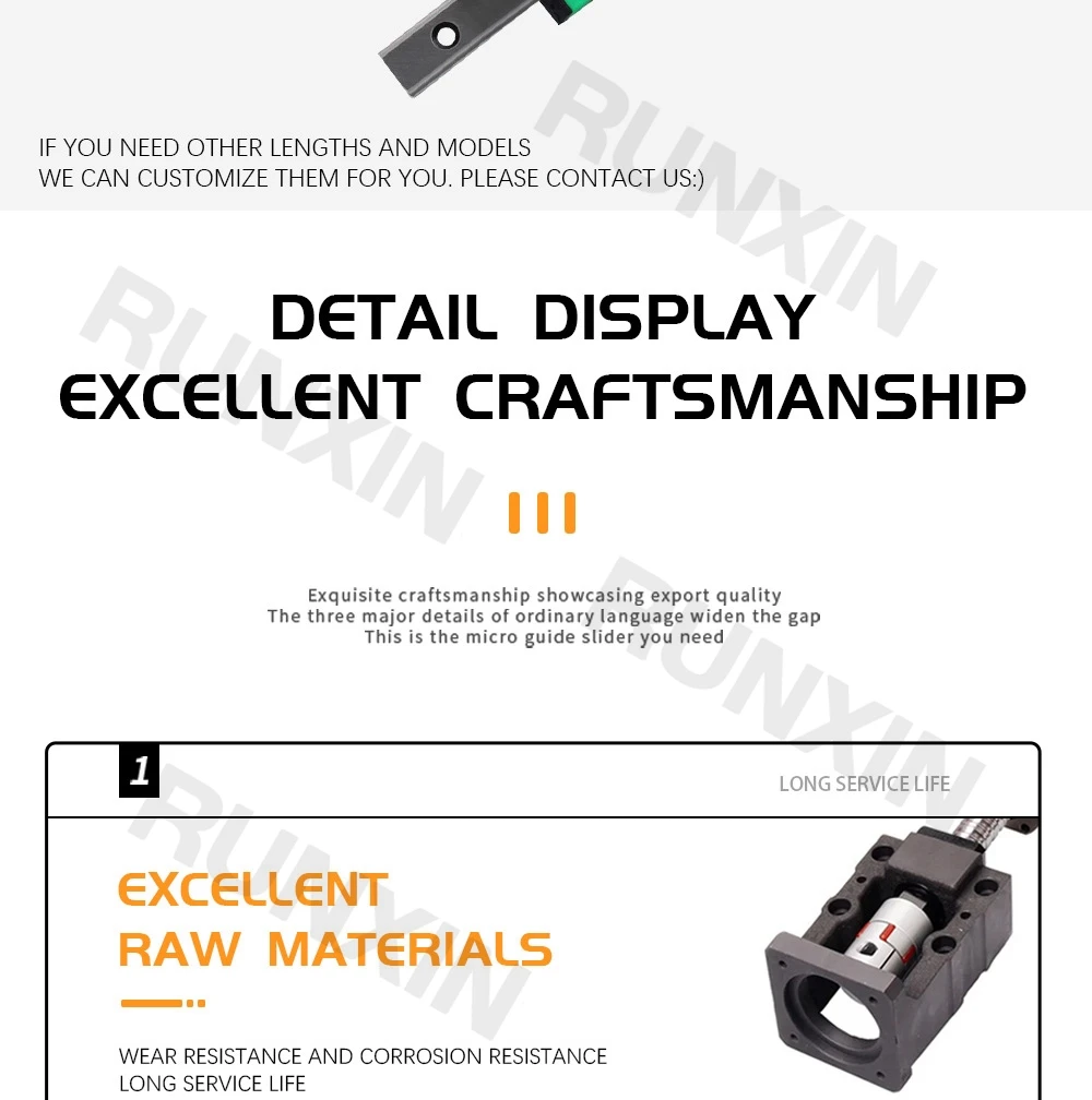 Description Picture 3 of itemRXTNC Ball Screw Kit SFU1610+HGR20 linear guide Kit with 4pcs HGH20CA HGW20CC Slider Blocks L1050-1400mm+HM12-57 For CNC Part