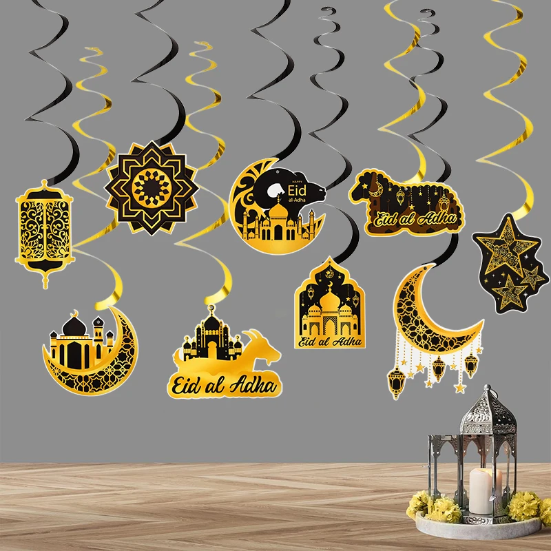 

9pcs/set Eid Mubarak Swirl Banner Star Moon Ceiling Hanging Ornament Ramadan Kareem Decoration Islam Muslim Party Supplies 2024