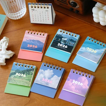 2026 Mini calendario da tavolo paesaggistico Calendario a spirale creativo Planner Ornamento da tavolo Decorazione Cancelleria per ufficio