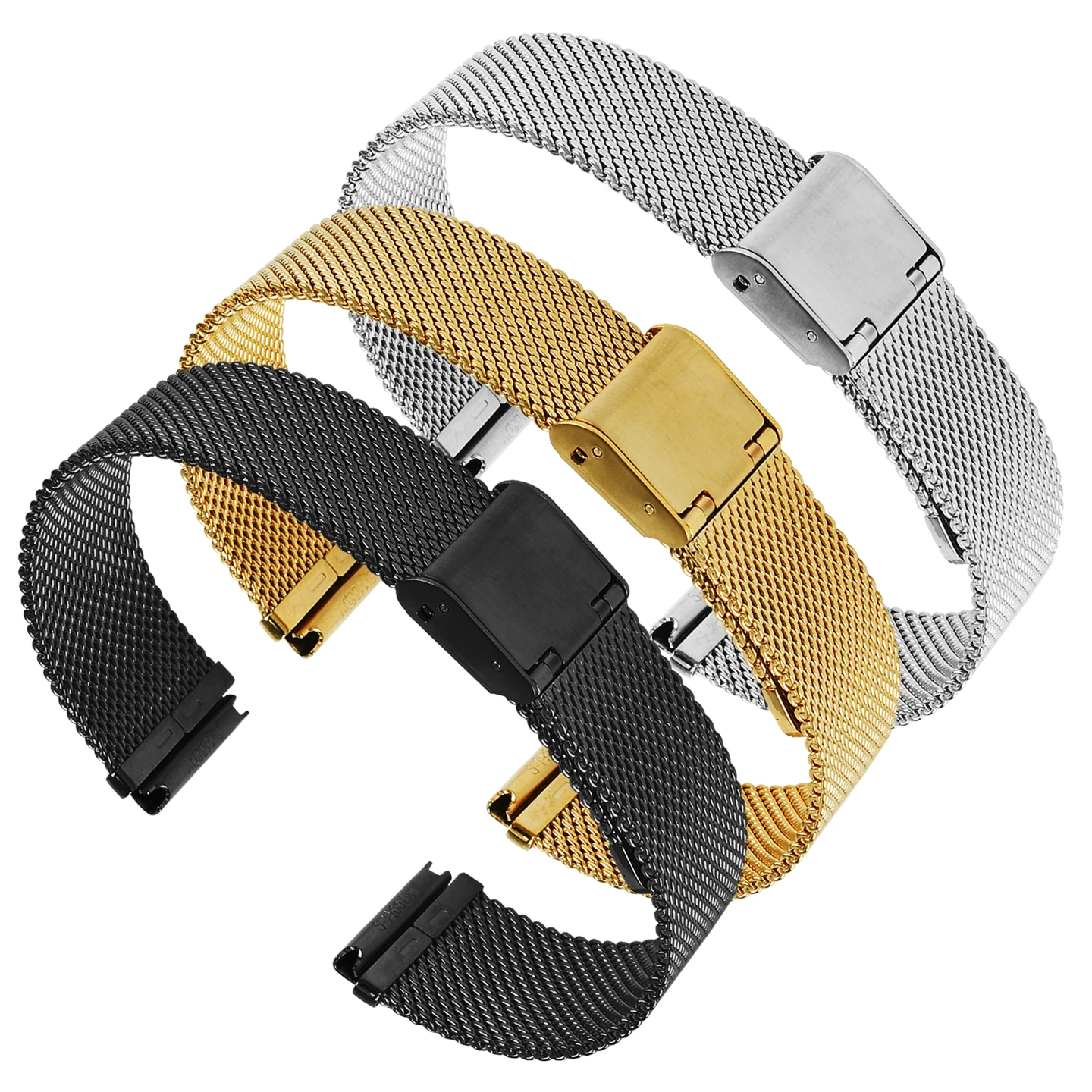 Elegant 18mm Milanese Mesh Stainless Steel Watch Strap - Black/Silver/Gold Bracelet