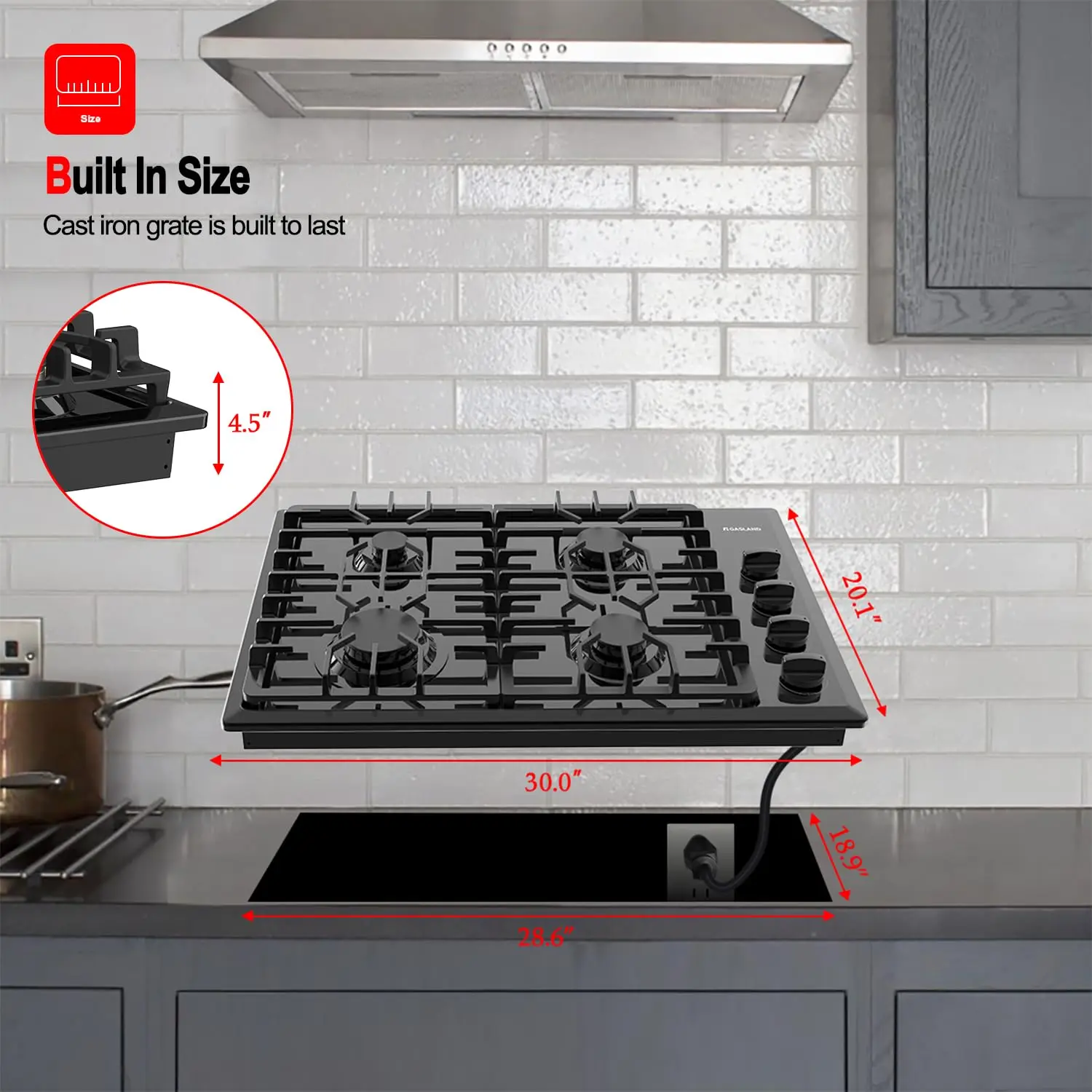 30 Inch Black, GASLAND PRO GH2304ES 4 Italy Sabaf Sealed Burner Gas Stovetop, 3.9 ft Cord Plug, Heavy Duty Cast Iron Grates 6
