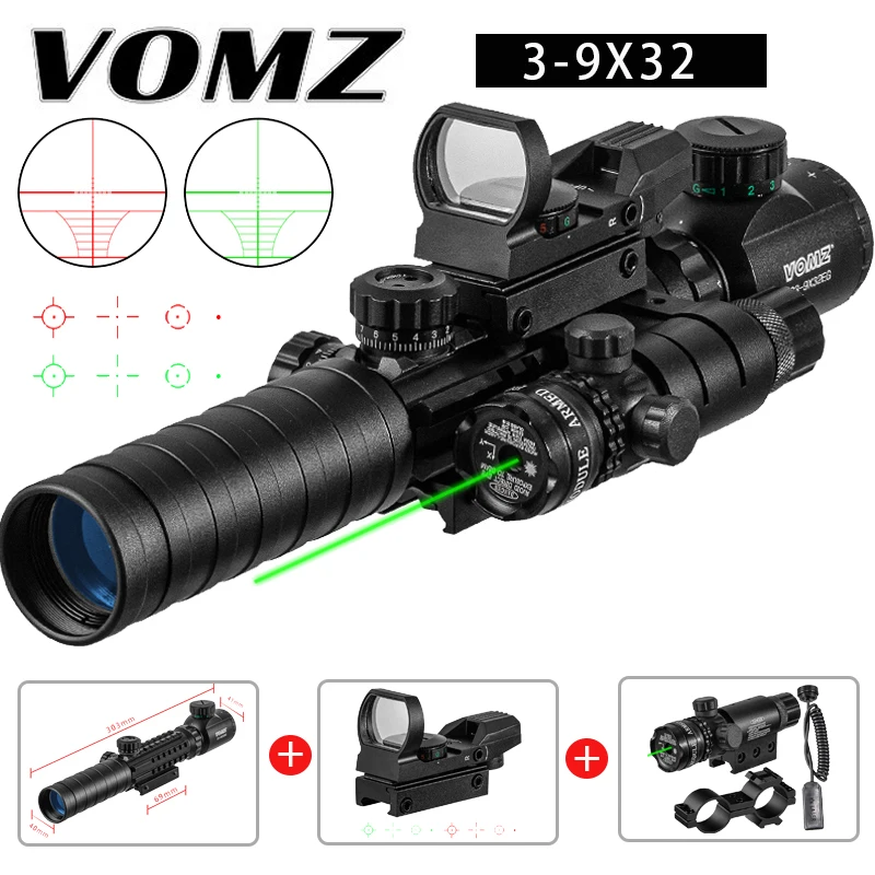 Rifle Scope VOMZ 3-9X32 EG Tactical Optic Red Green Illuminated Riflescope Holographic Reflex 4 Reticle Red Green Dot Combo Hunting Scope