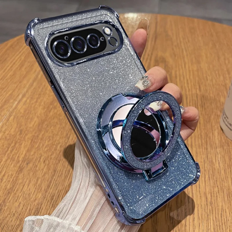 Glitter Shockproof Silicone Case with Mirror Magnetic Holder Stand