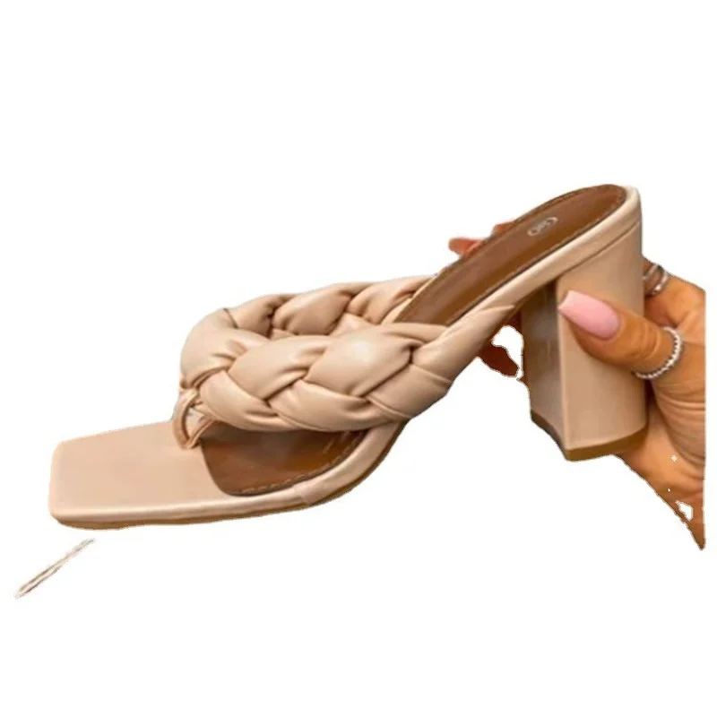 summer new heel women slippers fashion sexy weave flip flops women sandals high heel square toe slides lady sandalias female