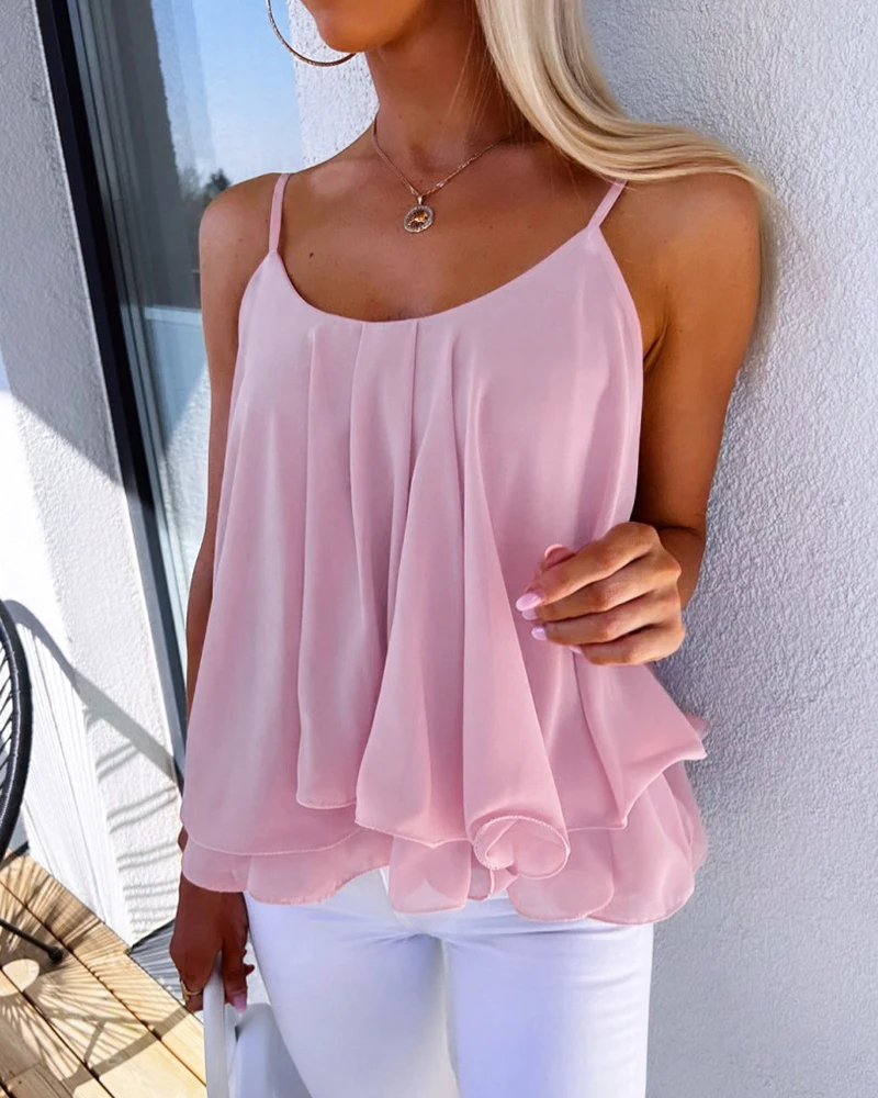 

Ninimour Spring Summer Ruffle Hem Flowy Cami Top 2023 U Neck Sleeveless Solid Pink Pullover T-Shirts Casual Loose Female Ropa