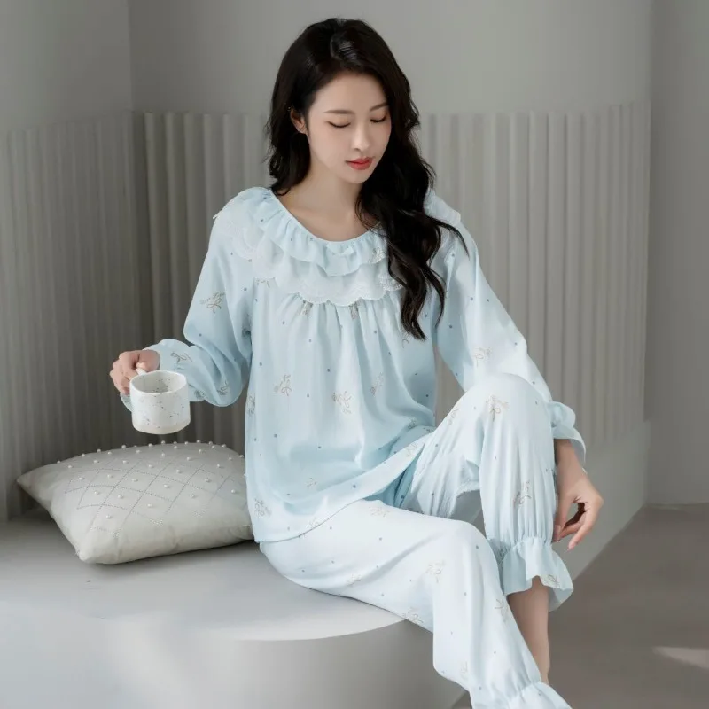 2024 New Women's Thin Long-Sleeved Pajamas Set Large Size Casual Homewear Suit Spring Autumn Female Sweet Slipover Sleepwear