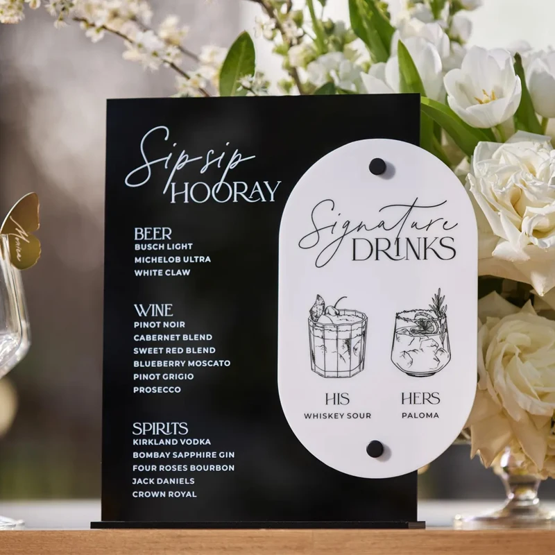 Signature Drinks Sign,Black and White Acrylic Bar Sign,His and Hers Signature Drinks,Sip Sip Hooray,Cocktails