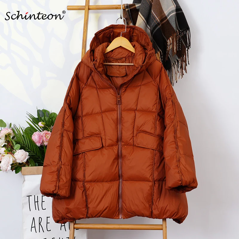 Schinteon Women White Duck Down Jacket with Hood Autumn Winter Warm Outwear Casual Loose Over Size Outwear Korean Style Coat New